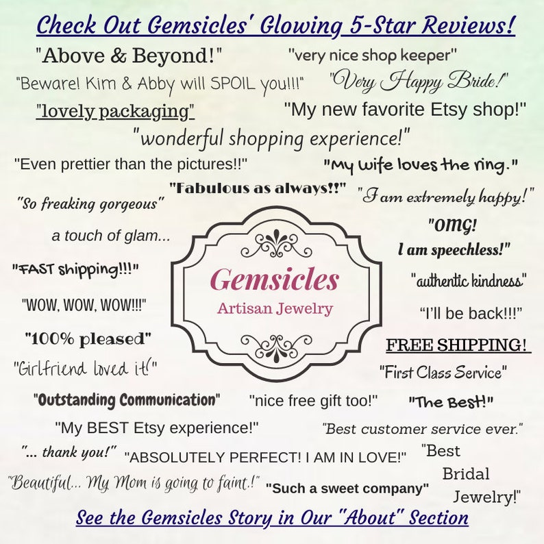 Peut inclure: Un collage de commentaires clients pour Gemsicles Artisan Jewelry. Les commentaires mettent en avant la qualit&eacute; des bijoux, l'excellent service client et la rapidit&eacute; de livraison. Le texte comprend des phrases comme "Above & Beyond!" "Very Happy Bride!" "My new favorite Etsy shop!" "Fabulous as always!!" "I am extremely happy!" "omg! I am speechless!" "FREE SHIPPING!" "The Best!" et "Best Bridal Jewelry!"