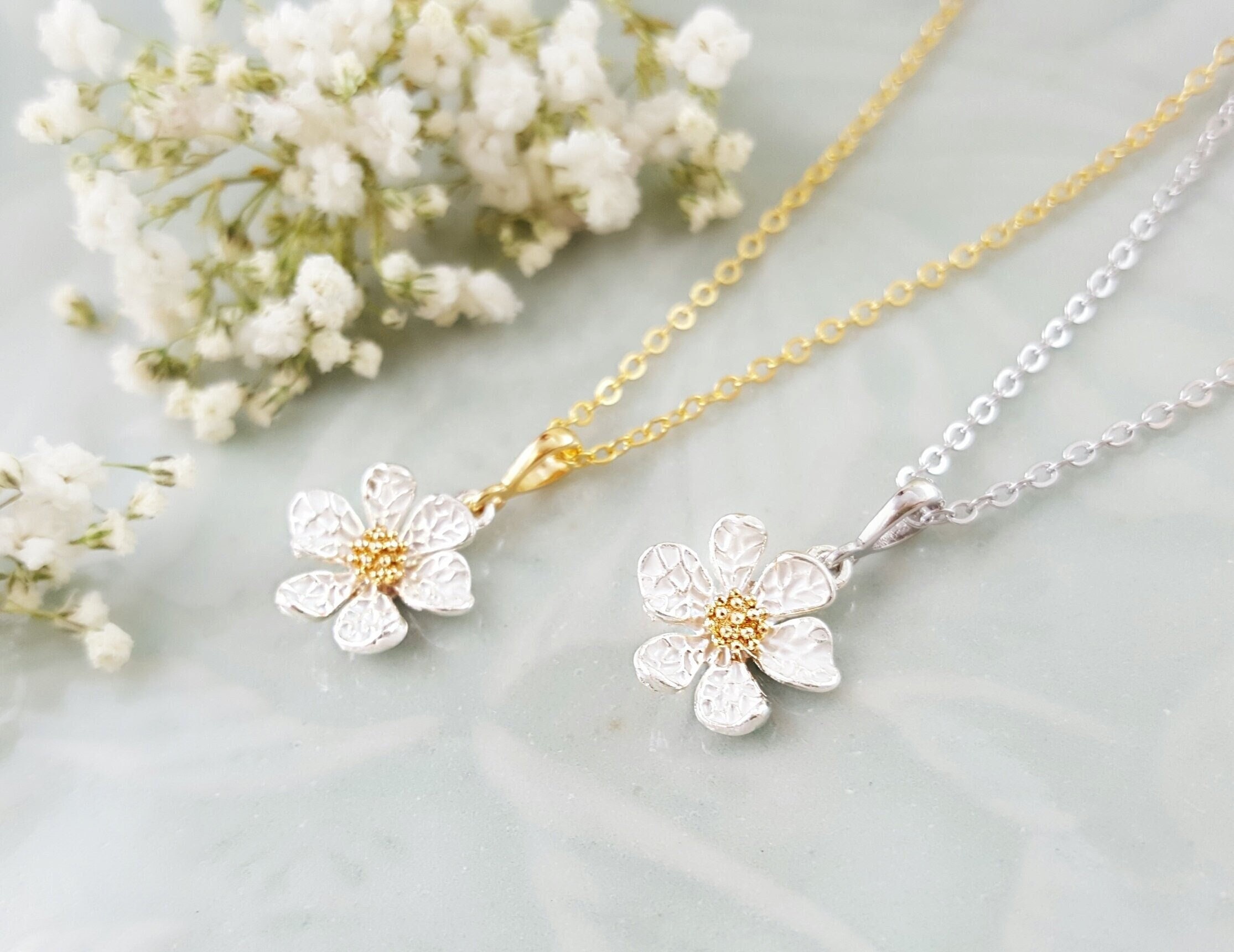 DAISY NECKLACE, GOLD or Silver White Flower Charm Enameled