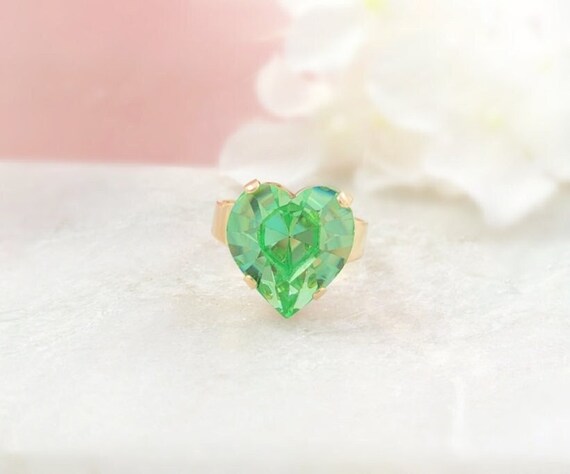 PERIDOT HEART RING Lime Green Crystal Ring Jewelry Gifts for Her
