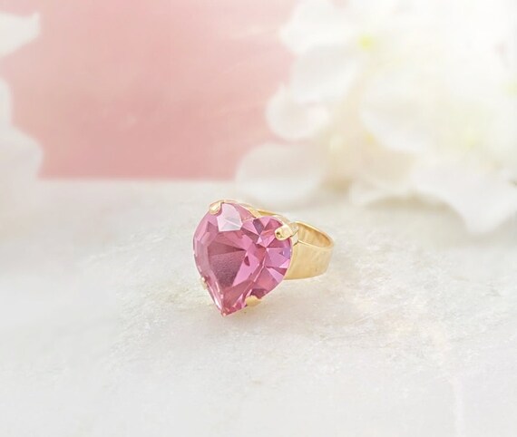 PINK HEART RING for Women Light Pink Crystal Rhinestone Big Rose