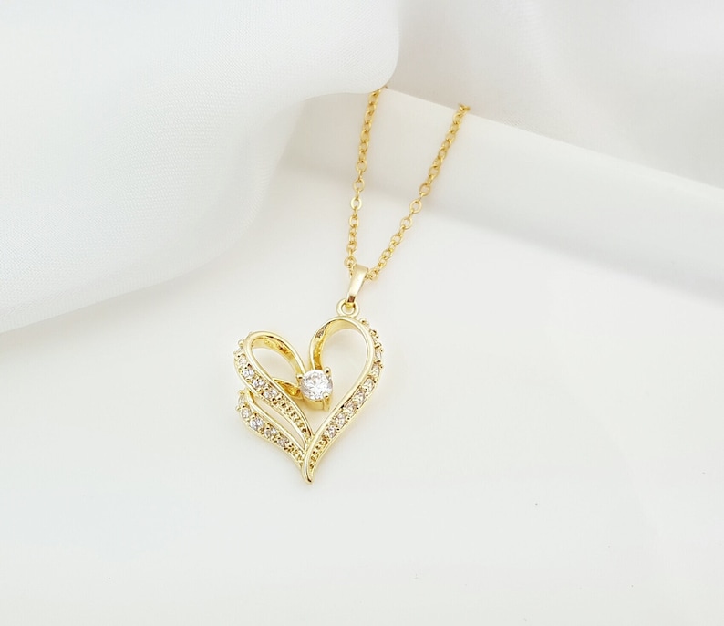 Gold Heart Necklace HEART JEWELRY GIFT, Cz Diamond Heartshaped Valentine Pendant, Romantic Cubic Zirconia Jewelry Gift for Girlfriend N2410 image 1