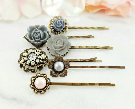 Designer Hair Accessories Decorative Bobby Pin Set W Pink Pearl Light Gray Roses Iridescent Ab Crystal Cabochon Grey Bridesmaid H4078