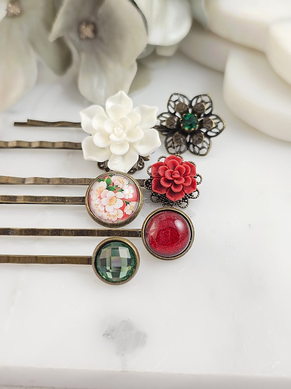 Red & Green BOBBY PIN Set Red Crystal Flower Hair Clip  display picture 2