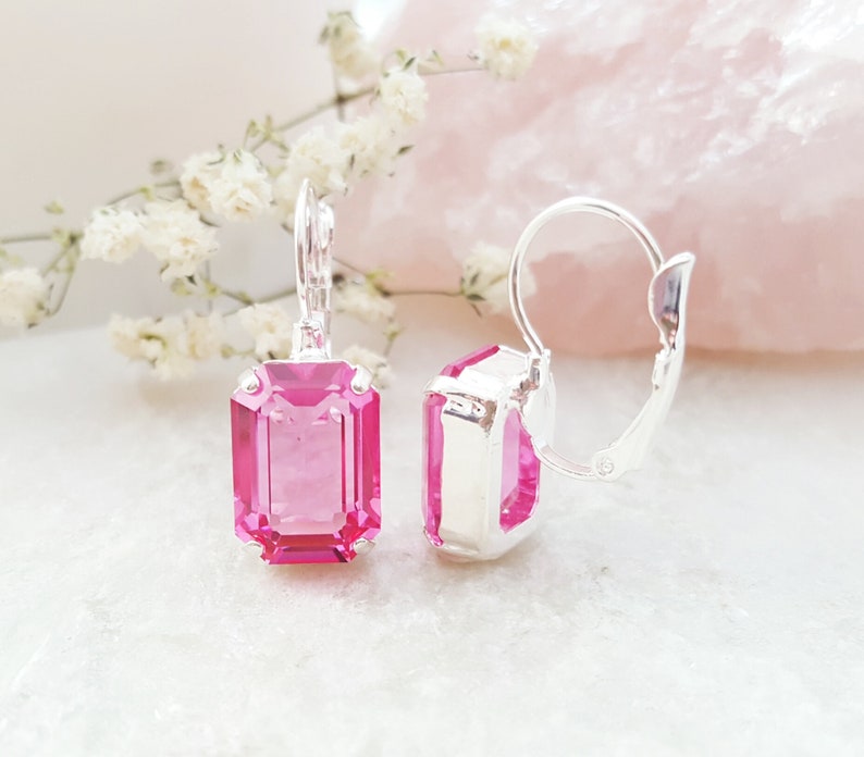 PINK CRYSTAL EARRINGS Silver or Gold Rose Tourmaline Drops, Sapphire or Emerald Rectangle Baguette Dangles, Blue Statement Droplets E3056A image 6