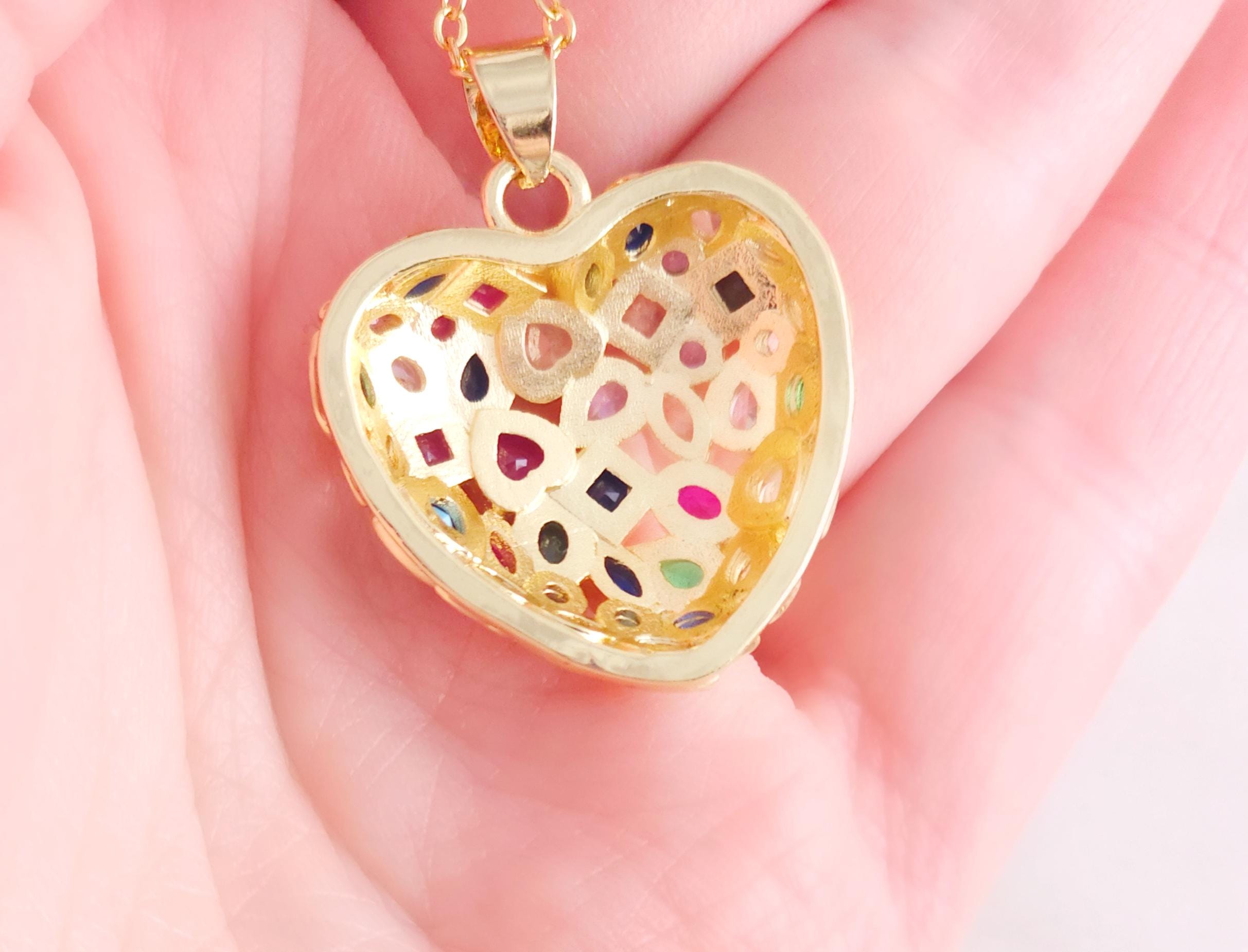 Big Multicolor CZ Heart Necklace Pave Mosaic Heart Pendant, Cubic