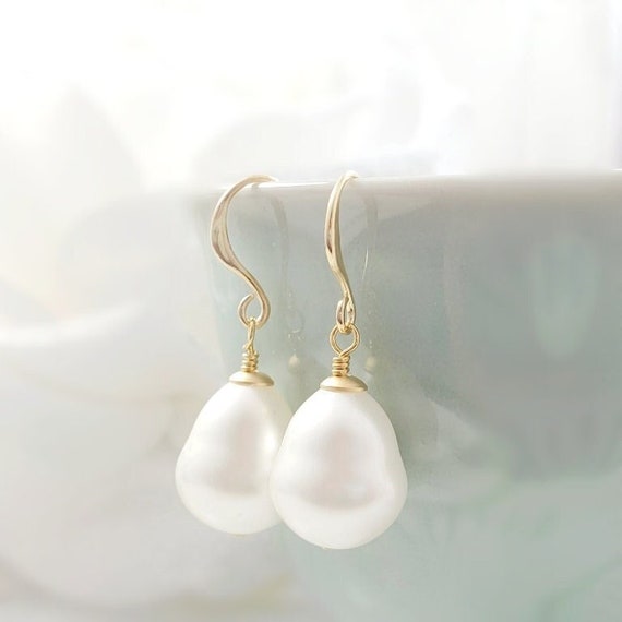 Gold BAROQUE PEARL EARRINGS Teardrop Dangles, Champagne Pearl