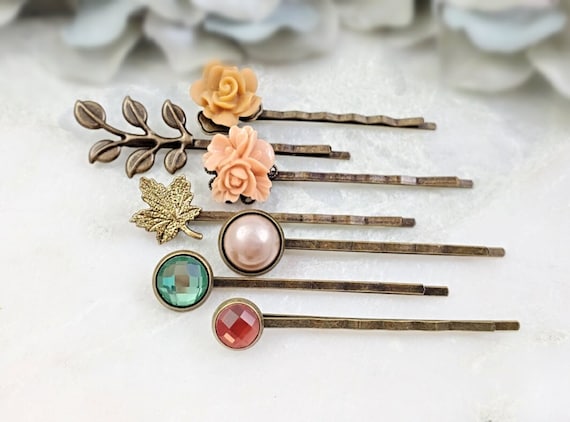 Fall AUTUMN Bobby Pins, Bronze Pearl Hair Pin Set of 7 Clips  display picture 3