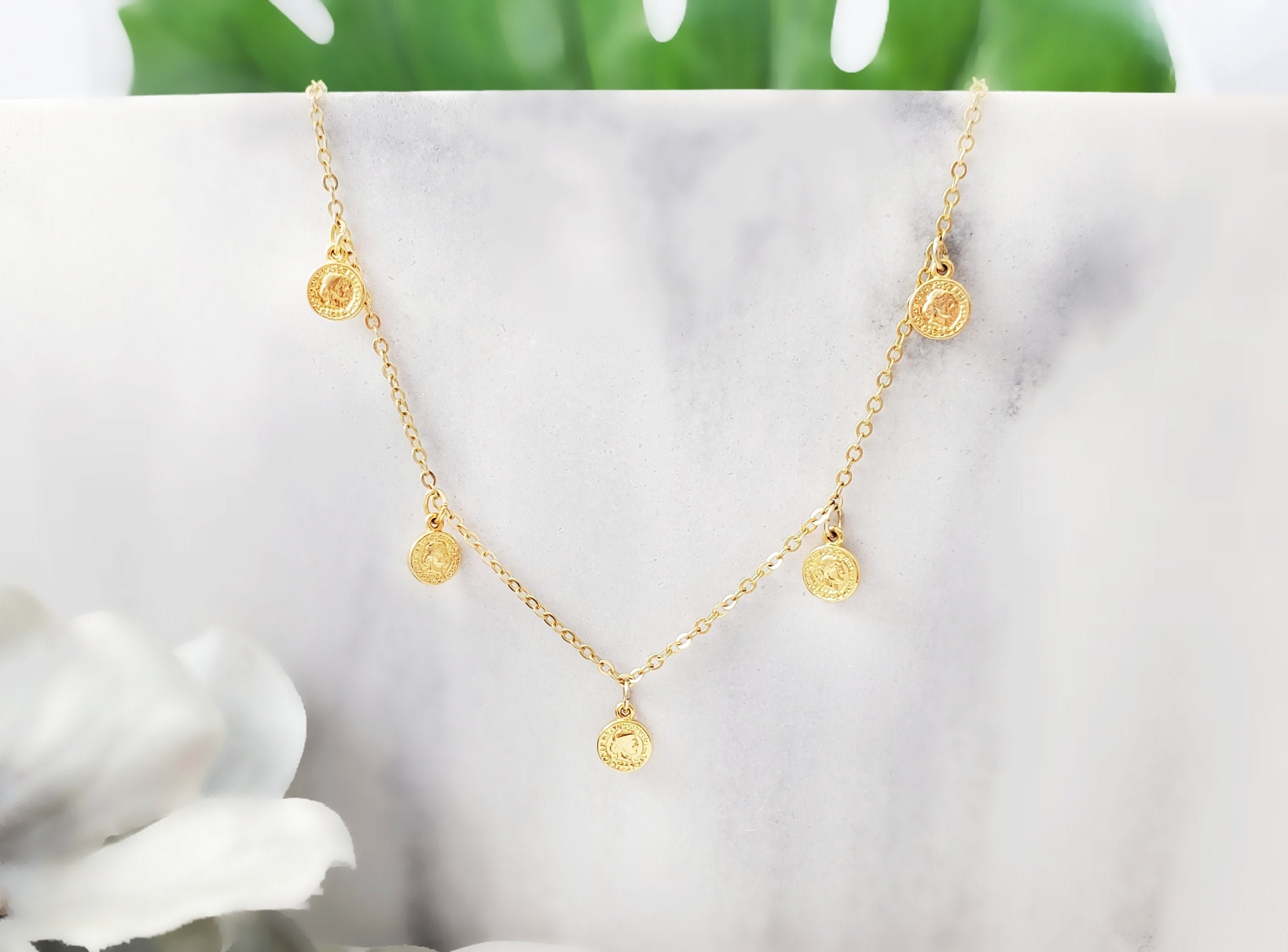 GOLD COIN NECKLACE 1 or 3 or 5 Tiny Gold Coin Charms, Julius