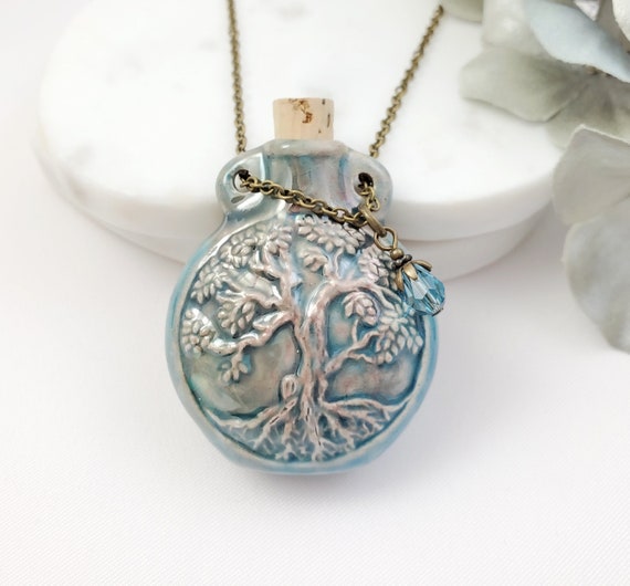 CREMATION NECKLACE for ASHES, Ceramic Urn with Custom Birthstone Crystal, Raku Pottery Pendant, Blue Green Glazed Jewelry Gifts N6415B-1
