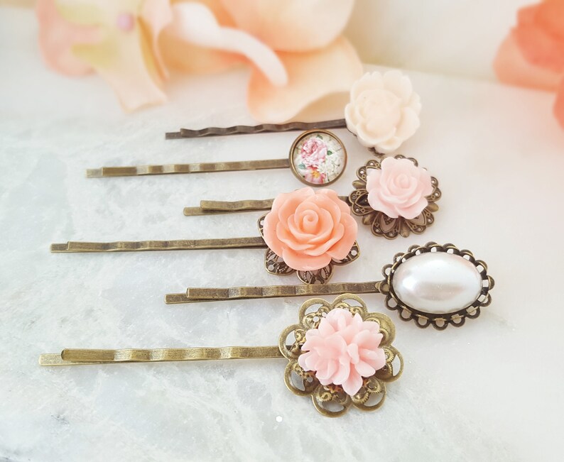 Peach Bobby Pin Set Pink Hair Pins For Bun Decorative Hairpins Floral Hair Pieces Hair Accessories Pearl Vintage Bobby Pins H4079