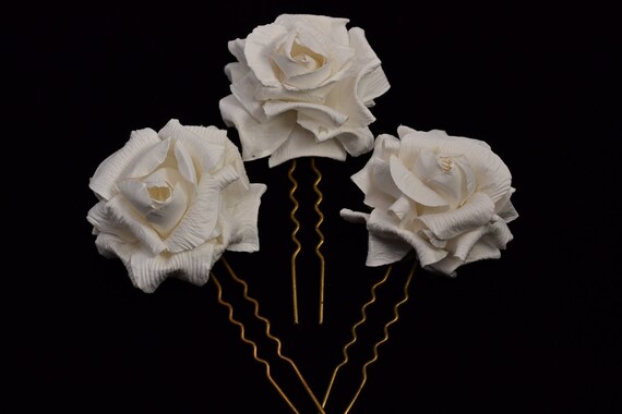 White Rose Hair Pins Flower Hairpins For Buns Floral Wedding Etsy