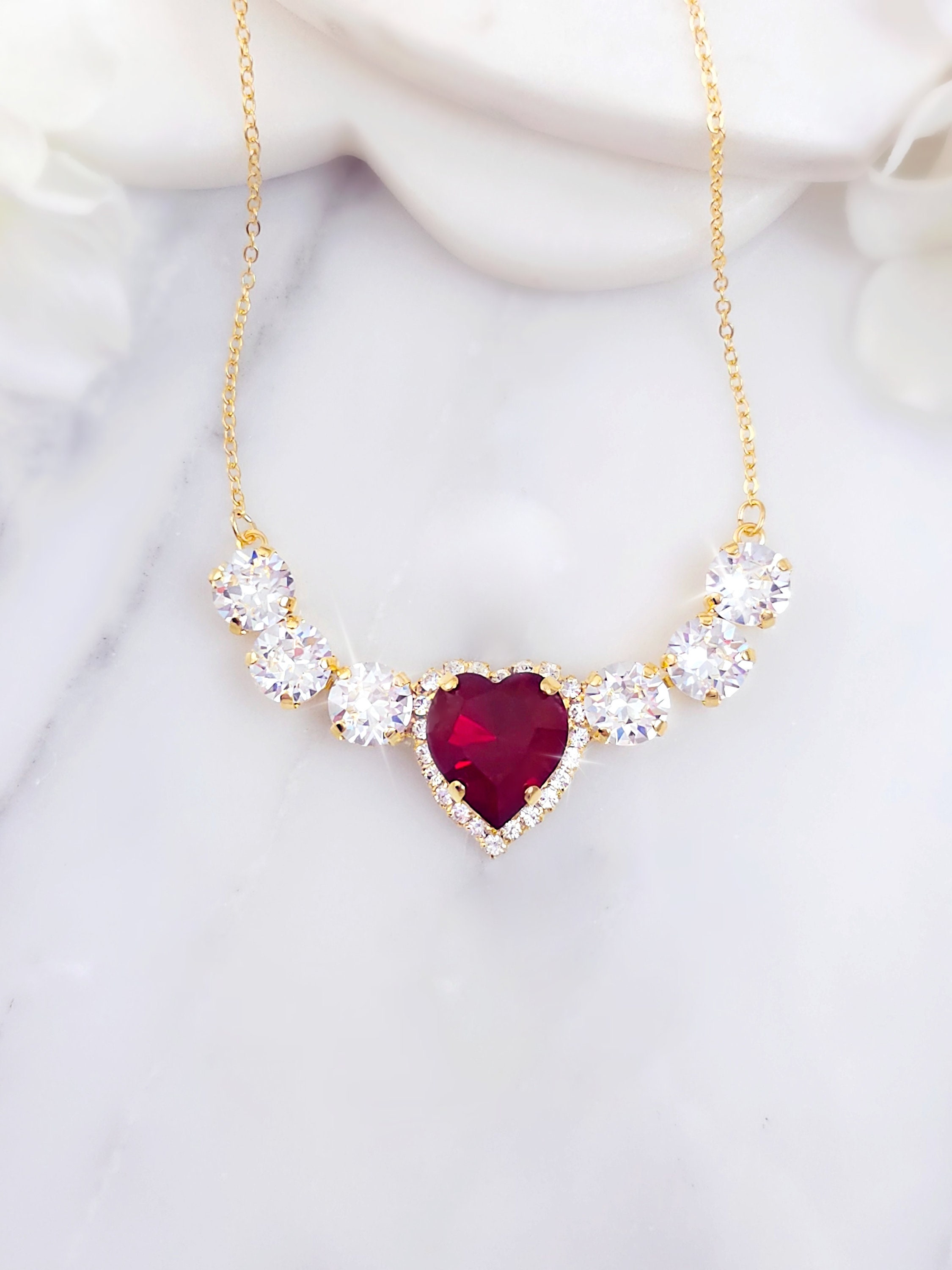 Ruby Heart Necklace BIG GOLD RED Crystal Heart Pendant, July