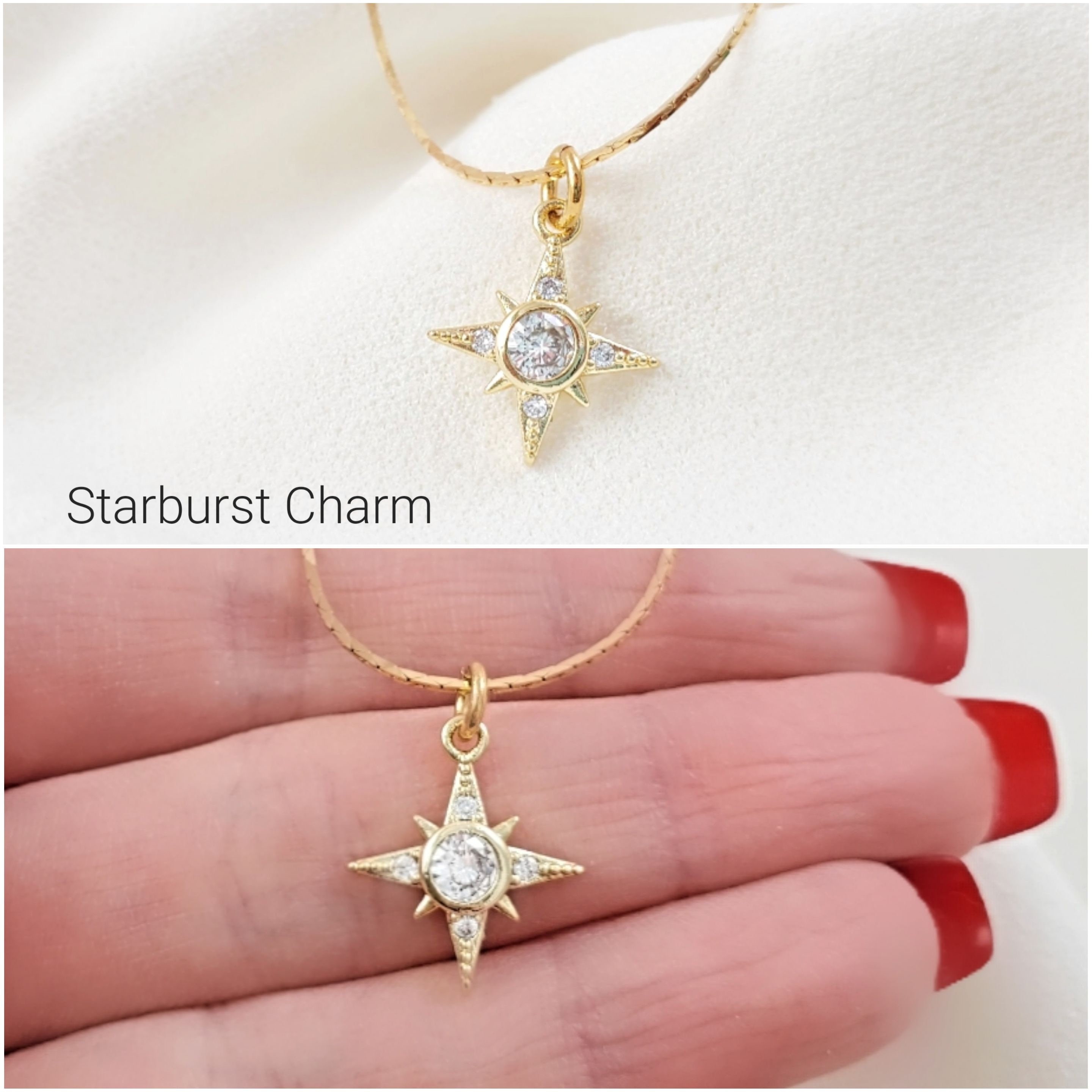 Gold Sunburst Necklace 16K Gold Cubic Zirconia Star Pendant