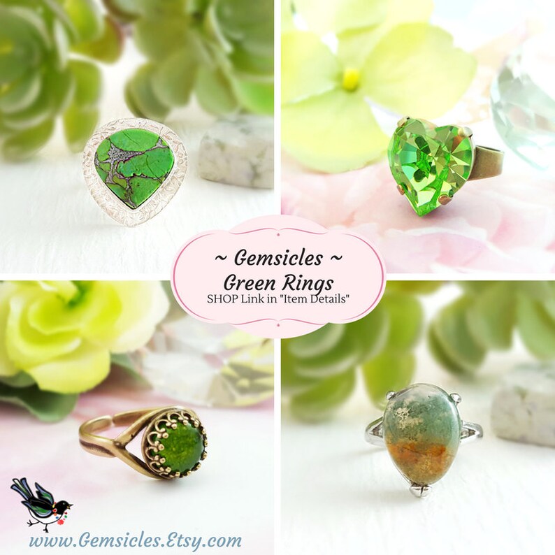 May include: Four green gemstone rings with different settings. The rings are displayed on a white background with green flowers.