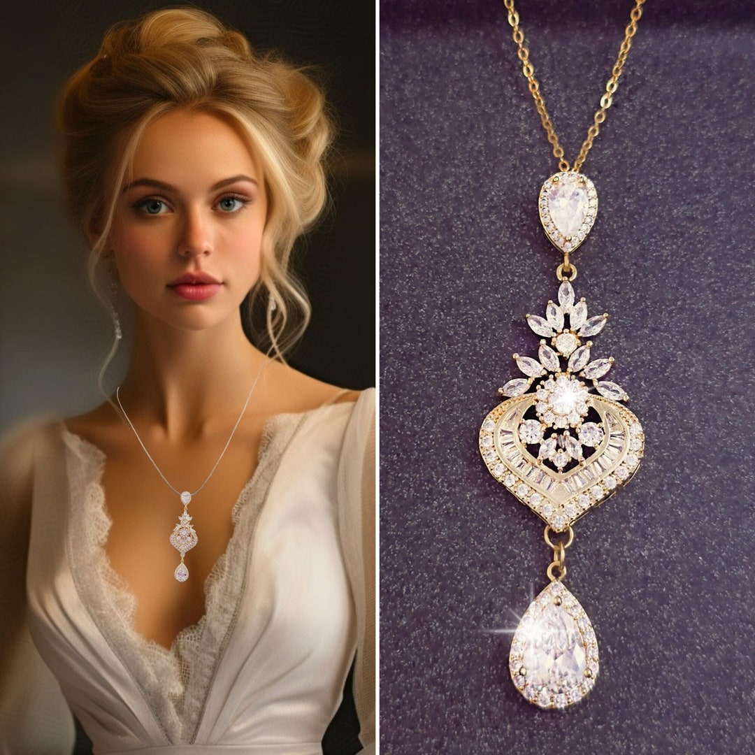 Wedding Backdrop Necklace Bridal Jewelry Set, Statement Chandelier Earrings, Diamond Hair Piece