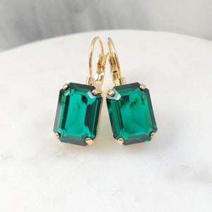 PINK CRYSTAL EARRINGS Silver or Gold Rose Tourmaline Drops, Sapphire or Emerald Rectangle Baguette Dangles, Blue Statement Droplets E3056A Emerald (green)