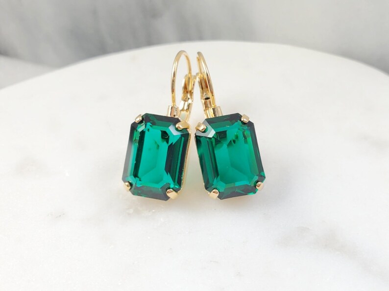 PINK CRYSTAL EARRINGS Silver or Gold Rose Tourmaline Drops, Sapphire or Emerald Rectangle Baguette Dangles, Blue Statement Droplets E3056A Emerald (green)