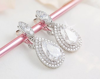 TEARDROP DIAMOND CLIPON Silver Nonpierced Dangling Cz Earrings, Clear Crystal Pear Drop Clip-ons, Nonpierced Cubic Zirconia Clip-Ons CL1085