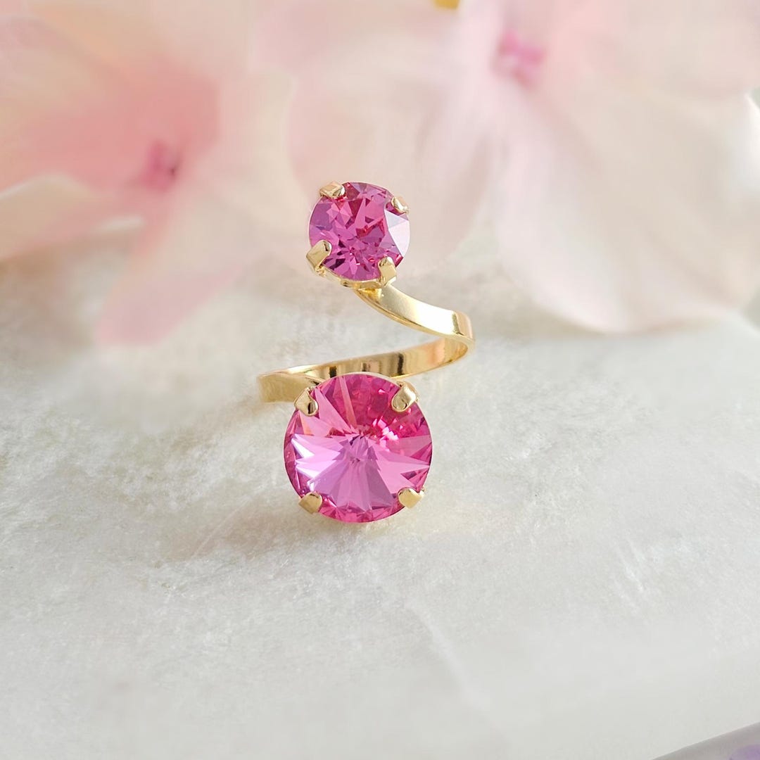 ROSE PINK CRYSTAL Ring, Adjustable Spiral Band, Yellow Gold Snake Rings ...
