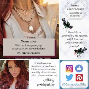 May include: A close-up of a gold necklace with a white pendant. The necklace is layered with other gold chains. The image also includes text that says "Gemsicles" and "Visit our Instagram page to see our most recent designs! @GemsiclesGifts".