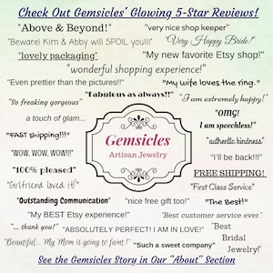 May include: A collage of customer reviews for Gemsicles Artisan Jewelry. The reviews highlight the quality of the jewelry, the excellent customer service, and the fast shipping. The text includes phrases like "Above & Beyond!" "Very Happy Bride!" "My new favorite Etsy shop!" "Fabulous as always!!" "I am extremely happy!" "omg! I am speechless!" "FREE SHIPPING!" "The Best!" and "Best Bridal Jewelry!"