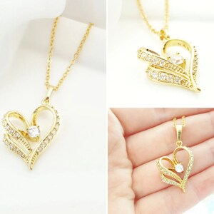 Gold Heart Necklace HEART JEWELRY GIFT, Cz Diamond Heartshaped Valentine Pendant, Romantic Cubic Zirconia Jewelry Gift for Girlfriend N2410 image 3
