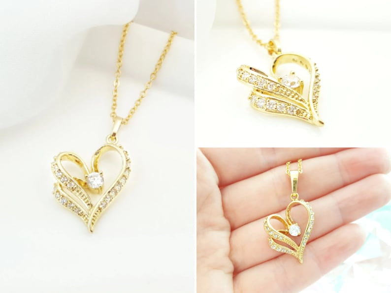 Gold Heart Necklace HEART JEWELRY GIFT, Cz Diamond Heartshaped Valentine Pendant, Romantic Cubic Zirconia Jewelry Gift for Girlfriend N2410 image 3