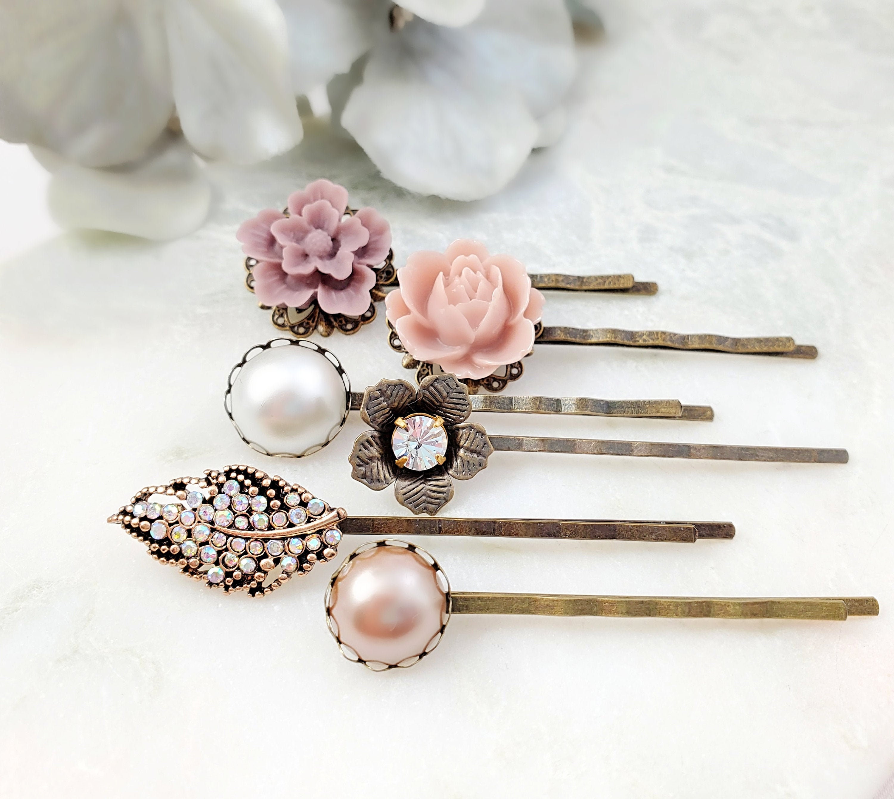 TAUPE BOBBY PINS, Set of 8 Diamond Crystal & Ivory Pearl Hairpins, Silk  Rose Flower Hair Clip, Beige Decorative Butterfly Hair Pins H4203 