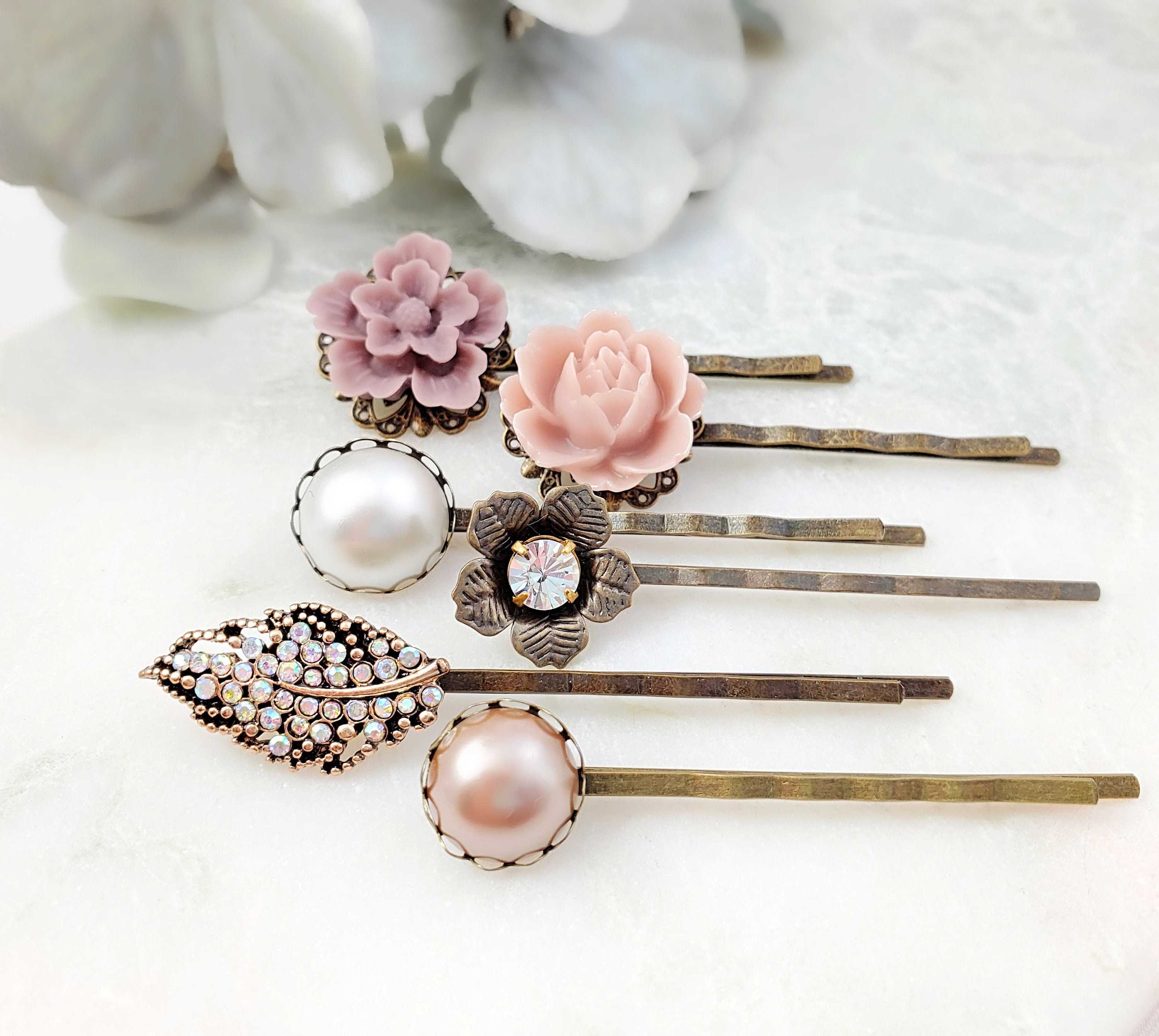 MAUVE FLOWER HAIRPINS, Bridal Party Accessories, Set of 6 Bobby