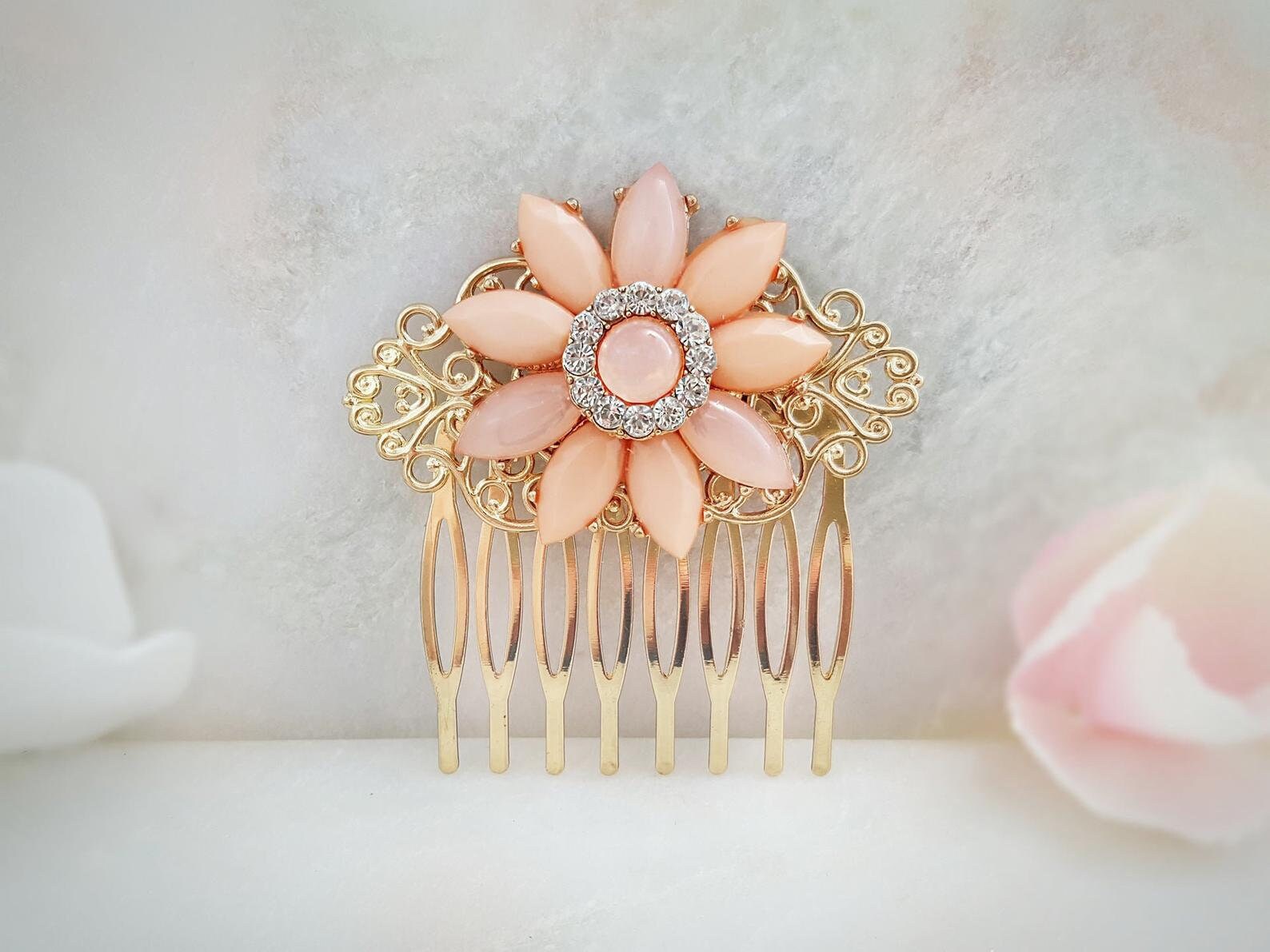Pink Flower Hair Comb Living Coral Hair Slide Small Side Etsy