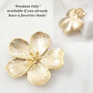 May include: Gold-toned flower pendant charm with a textured surface. "Pendant Only" is written above the charm. The charm is available if you already have a favourite chain.