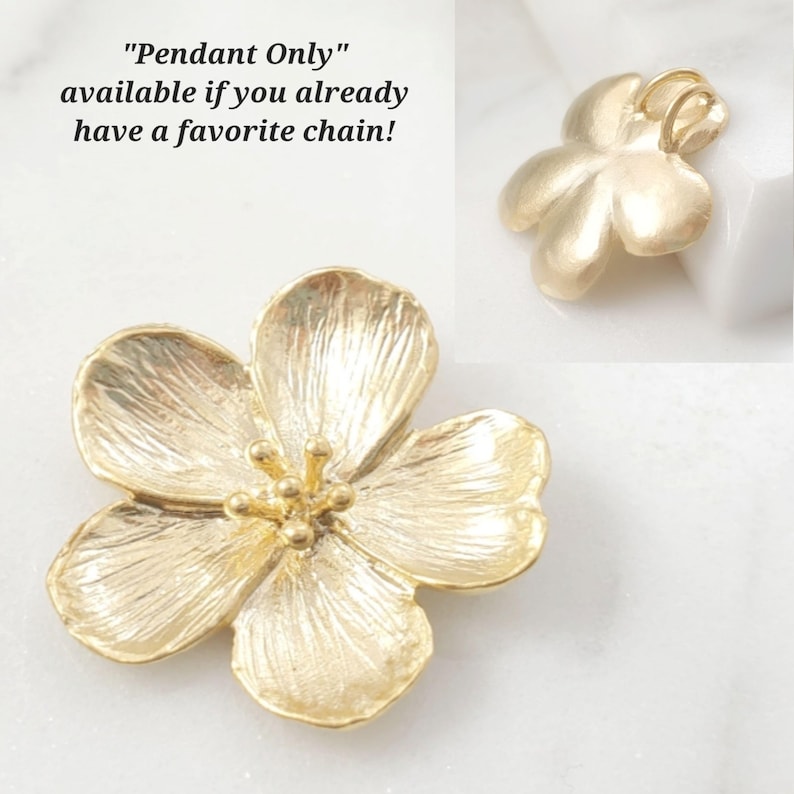 May include: Gold-toned flower pendant charm with a textured surface. "Pendant Only" is written above the charm. The charm is available if you already have a favourite chain.