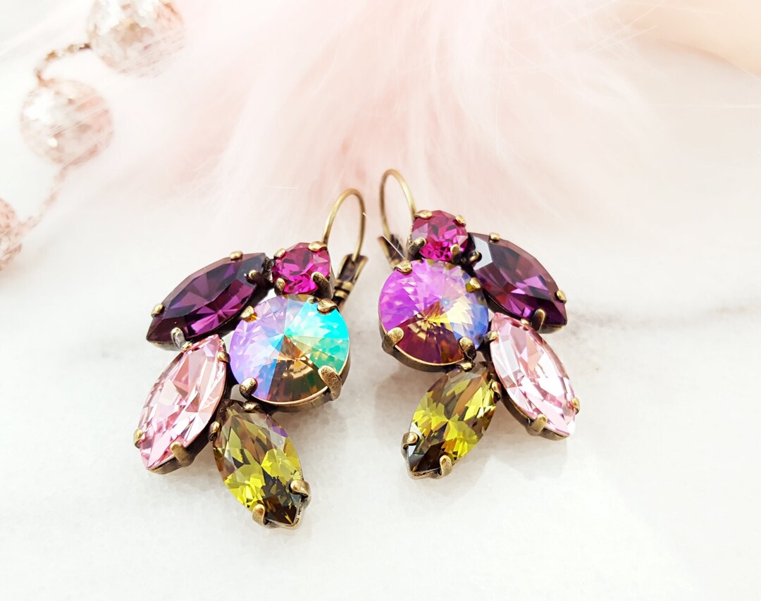 Pink and Purple Earrings MULTICOLORED IRIDESCENT CRYSTALS, Colorful ...
