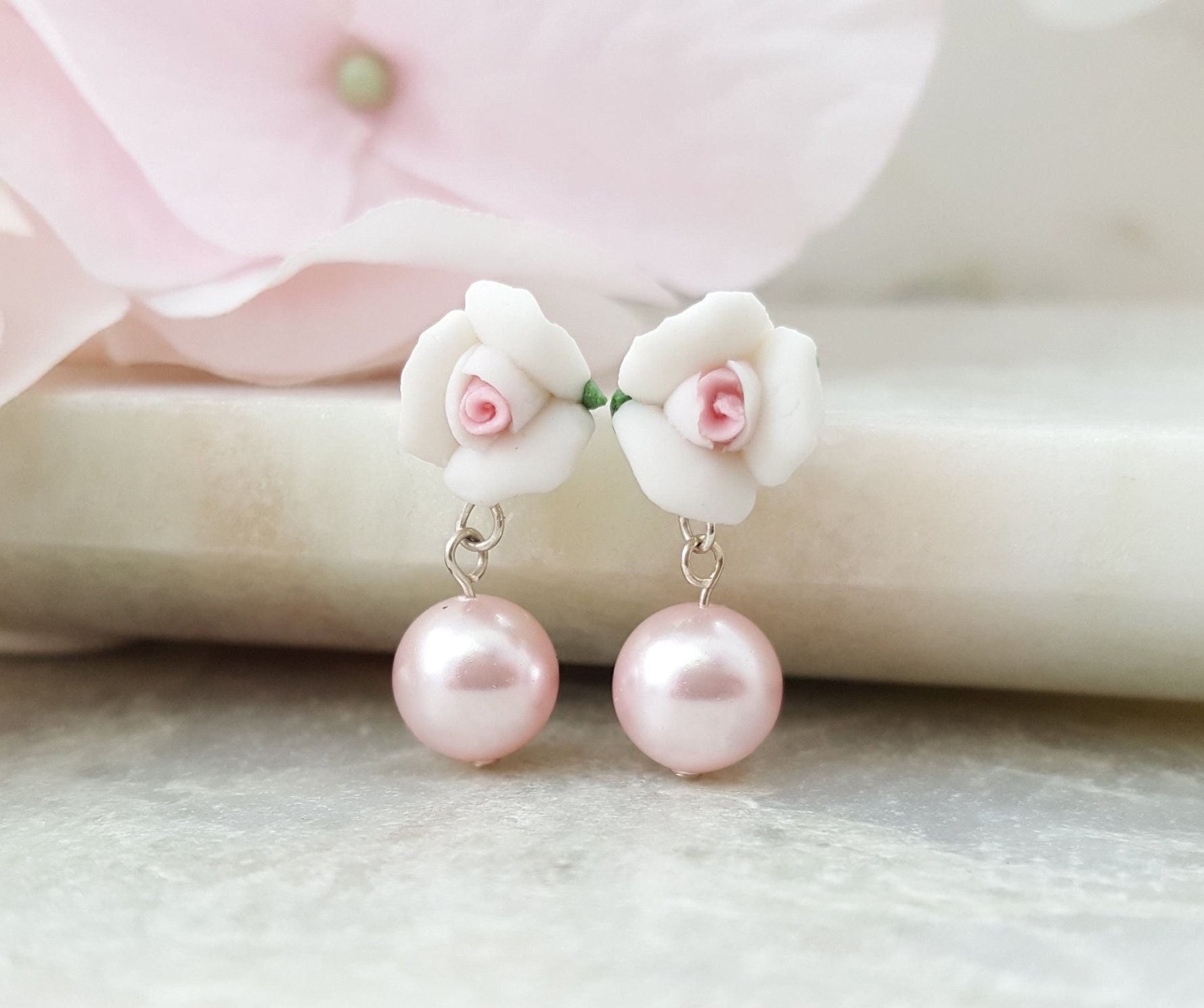 White Rose Pearl Earrings