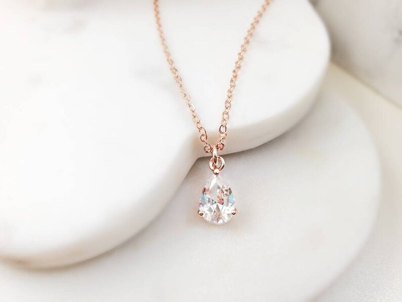 Rose Gold Teardrop Necklace Small CUBIC ZIRCONIA CRYSTAL Tear | Etsy