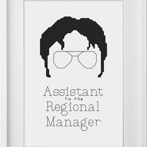 May include: Black and white pixel art illustration of a character with glasses and the text "Assistant to the Regional Manager".