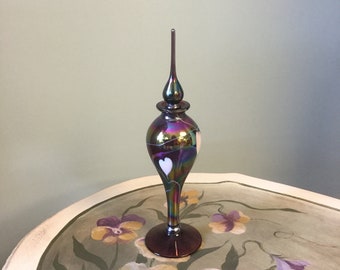 Vintage Hand Blown Glass Perfume Bottle/Purple Perfume Bottle with Hearts/C1960s C1970s Handmade Perfume Bottle/Collectible Perfume Bottle