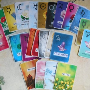 Cartas de cronometragem, cartas de adivinhação, previsões de tempo, dias, meses, estações, cartas para impressão.