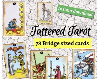 Tattered Tarot 78 borderless printable tarot cards, Bridge Size, Major and Minor Arcana,  rustic Rider Waite deck.