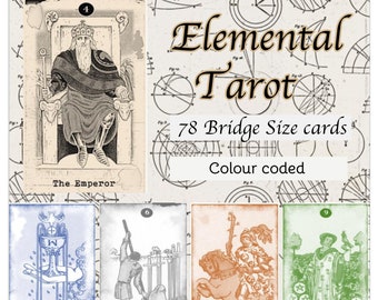 Elemental Tarot, Colour coded elements, Bridge sized cards, borderless tarot cards, Major and Minor Arcana, 78 card deck.