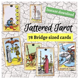 Tattered Tarot 78 borderless printable tarot cards, Bridge Size, Major and Minor Arcana,  rustic Rider Waite deck.