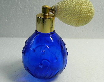 Vintage Blue with Bluebell pattern  Glass Perfume Bottle Atomizer Spray Pump Vanity Decorative