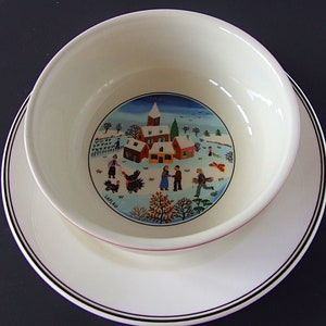 Villeroy & Boch Vitro-Porcelaine Naif Chrismas Pattern Breakfast / Soup Bowl on Plate  designed by French artist Gerard Laplau