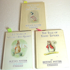 May include: Three vintage Beatrix Potter children's books with illustrations of Jemima Puddle-Duck, a fierce bad rabbit, and Timmy Tiptoes. The books are all in the original and authorised edition by F. Warne & Co.