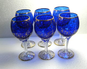 Vintage Bohemian Cobalt Blue and Gilded  Glass Wine Goblets-Hock Goblets.