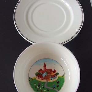 Villeroy & Boch Vitro-Porcelaine Naif Breakfast / Soup Bowl on Plate Made in Germany designed by French artist Gerard Laplau