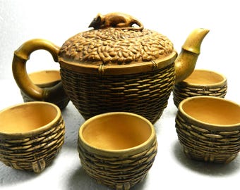 Chinese Yixing Zisha Teapot Set basket-weave pattern and Mouse  Brown Clay 6 Cups