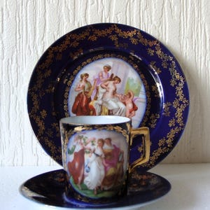 Vintage Cobalt Blue Royal Vienna Beehive Mark Trio  tea/coffee set Cup Saucer and Side Plate Signed Kaufmann