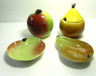 Vintage Carlton Ware Fruit Pear Jam/Preserve/Condiment Pot and Apple Sugar Pot with two Dishes