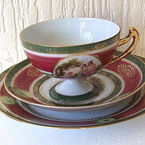 Art Deco Epiag Beehive Mark Royal Czechoslovakia High Footed Red Classic Romantic Pattern Porcelain China Trio Tea Set
